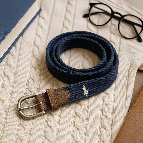 Abercrombie Fitch Woven Belt Blue Brown Leather D Ring Logo Moose Preppy 35.5 - Picture 2 of 7